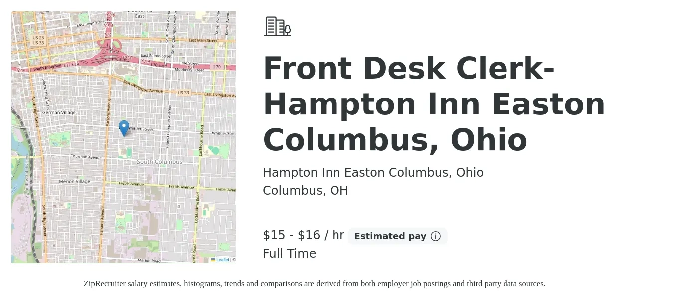 Hampton Inn Easton Columbus, Ohio job posting for a Front Desk Clerk- Hampton Inn Easton Columbus, Ohio in Columbus, OH with a salary of $16 to $17 Hourly with a map of Columbus location.