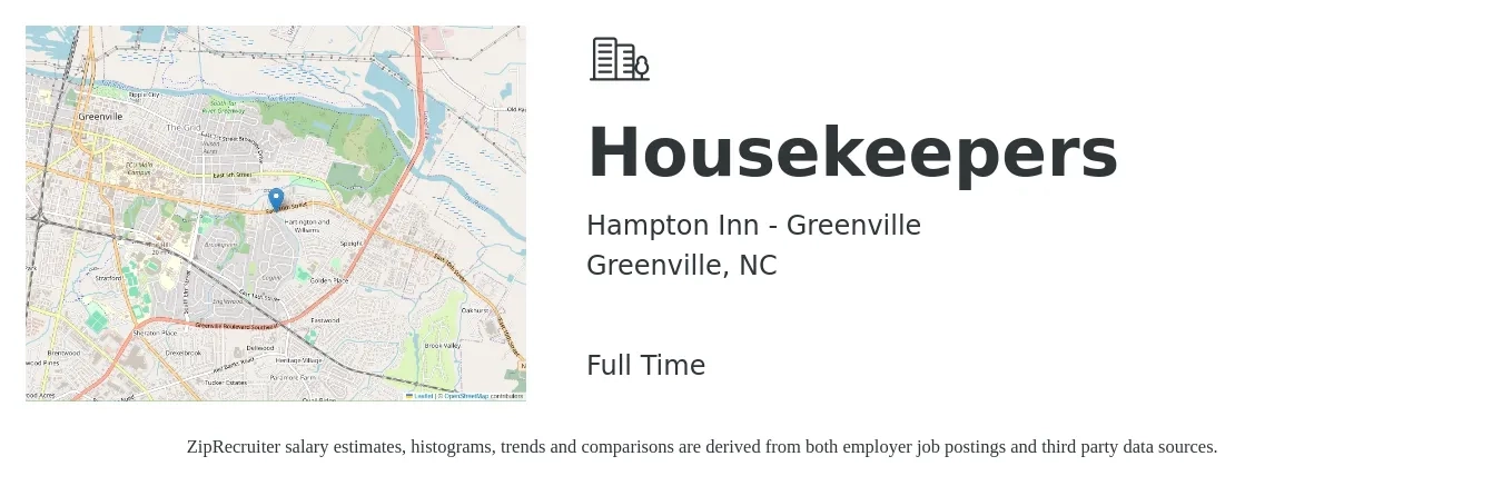 Hampton Inn Greenville job posting for a Housekeepers in Greenville, NC with a salary of $14 to $17 Hourly with a map of Greenville location.