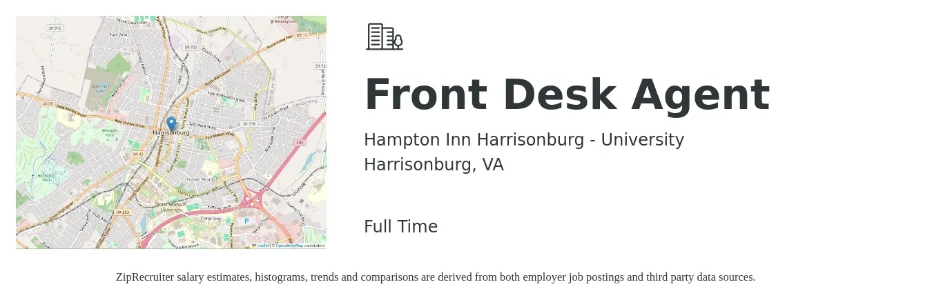Hampton Inn Harrisonburg - University job posting for a Front Desk Agent in Harrisonburg, VA with a salary of $13 to $17 Hourly with a map of Harrisonburg location.