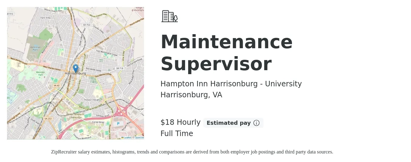 Hampton Inn Harrisonburg - University job posting for a Maintenance Supervisor in Harrisonburg, VA with a salary of $19 Hourly with a map of Harrisonburg location.
