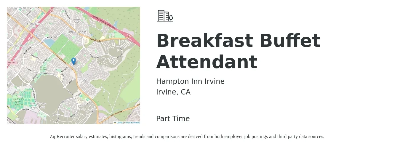 Hampton Inn Irvine job posting for a Breakfast Buffet Attendant in Irvine, CA with a salary of $14 to $17 Hourly with a map of Irvine location.