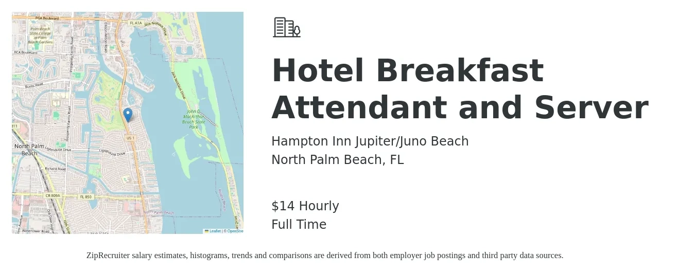 Hampton Inn Jupiter/Juno Beach job posting for a Hotel Breakfast Attendant and Server in North Palm Beach, FL with a salary of $11 Yearly with a map of North Palm Beach location.