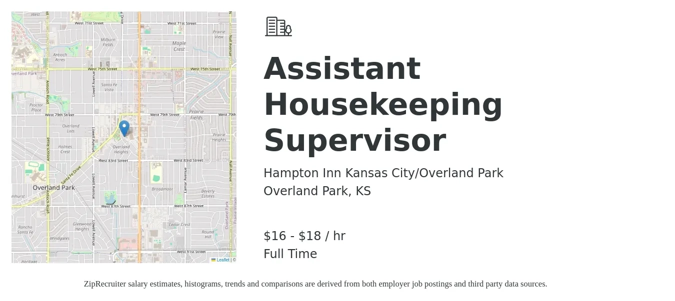 Hampton Inn Kansas City/Overland Park job posting for a Assistant Housekeeping Supervisor in Overland Park, KS with a salary of $17 to $19 Hourly with a map of Overland Park location.