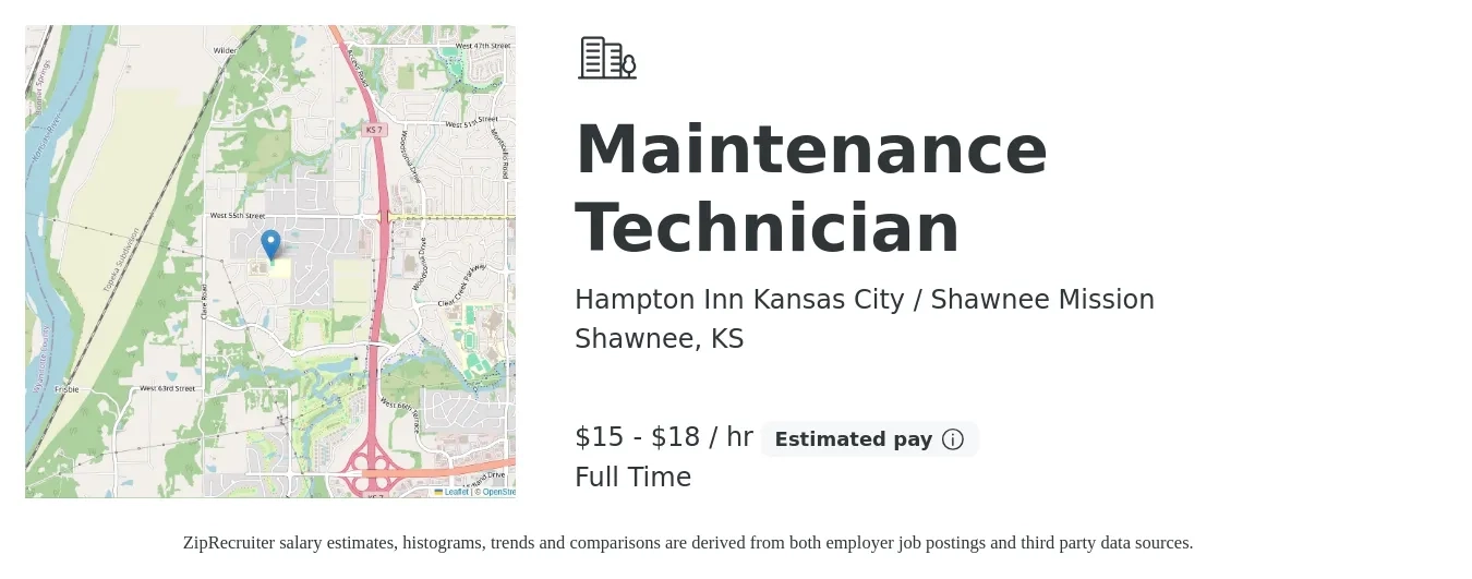 Hampton Inn Kansas City / Shawnee Mission job posting for a Maintenance Technician in Shawnee, KS with a salary of $16 to $19 Hourly with a map of Shawnee location.