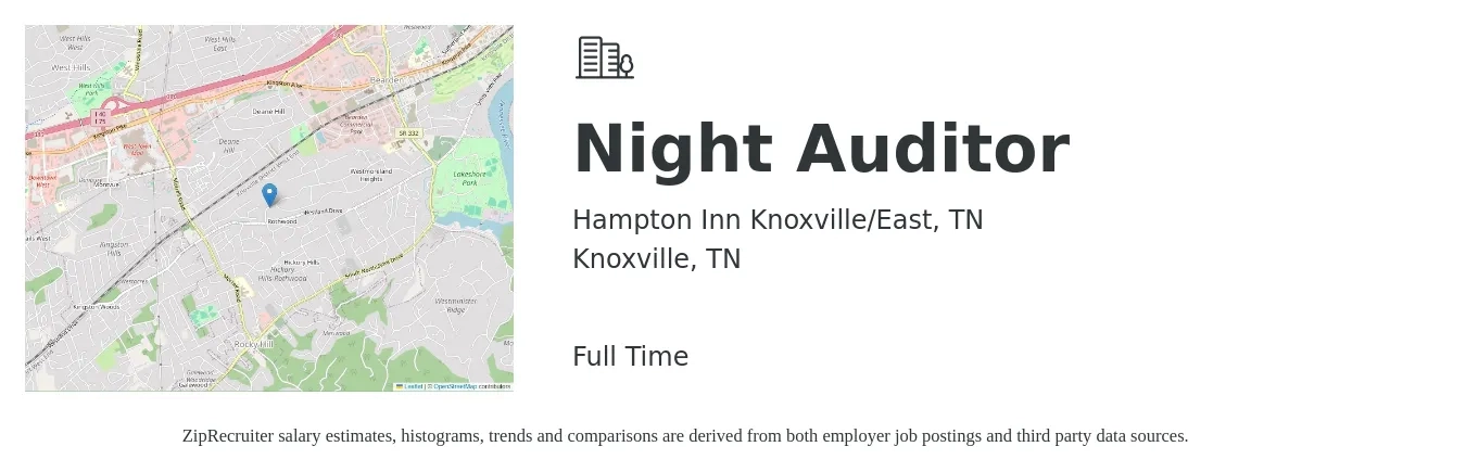 Hampton Inn Knoxville/East, TN job posting for a Night Auditor in Knoxville, TN with a salary of $14 to $19 Hourly with a map of Knoxville location.