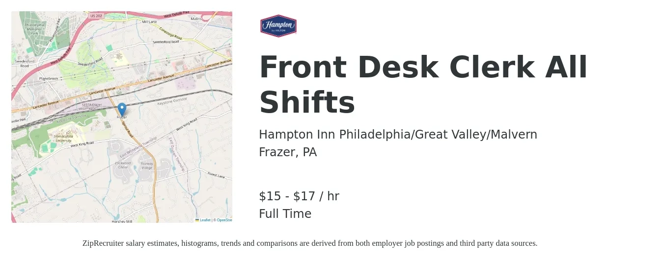 Hampton Inn Philadelphia/Great Valley/Malvern job posting for a Front Desk Clerk All Shifts in Frazer, PA with a salary of $16 to $18 Hourly with a map of Frazer location.