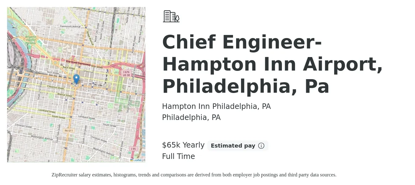 Hampton Inn Philadelphia, PA job posting for a Chief Engineer-Hampton Inn Airport, Philadelphia, Pa in Philadelphia, PA with a salary of $65,000 Yearly with a map of Philadelphia location.