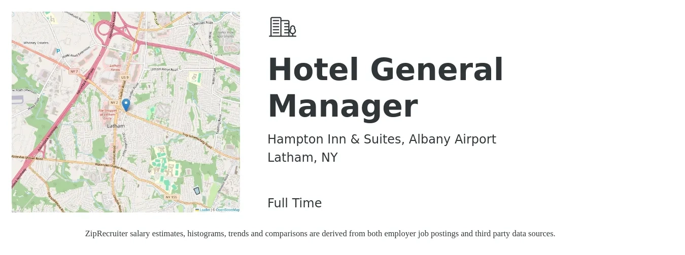 Hampton Inn & Suites, Albany Airport job posting for a Hotel General Manager in Latham, NY with a salary of $62,000 to $72,000 Yearly with a map of Latham location.