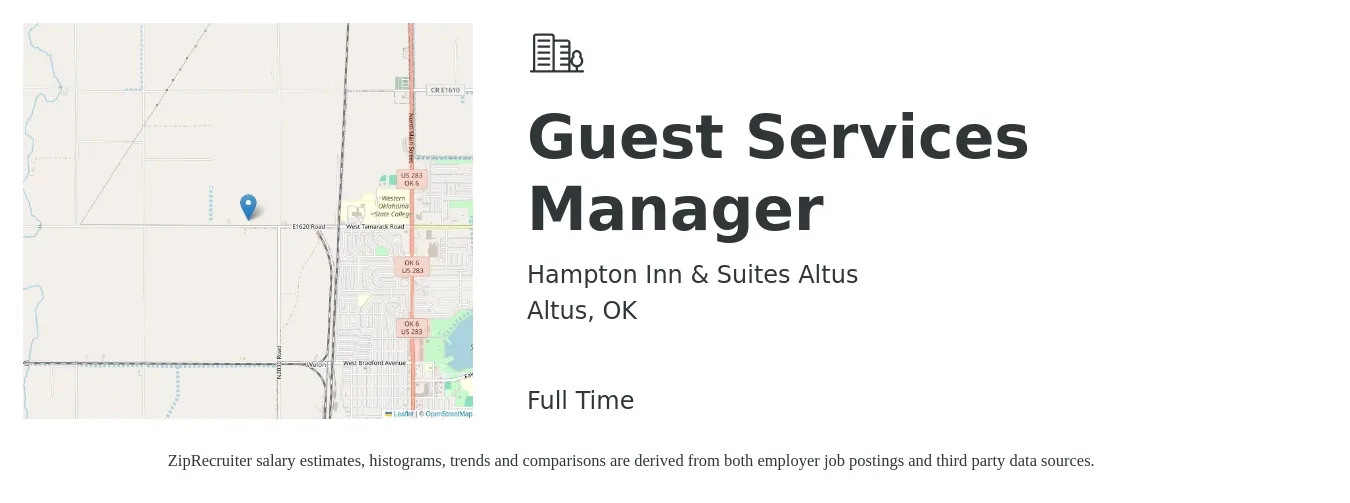 Hampton Inn & Suites Altus job posting for a Guest Services Manager in Altus, OK with a salary of $16 to $23 Hourly with a map of Altus location.