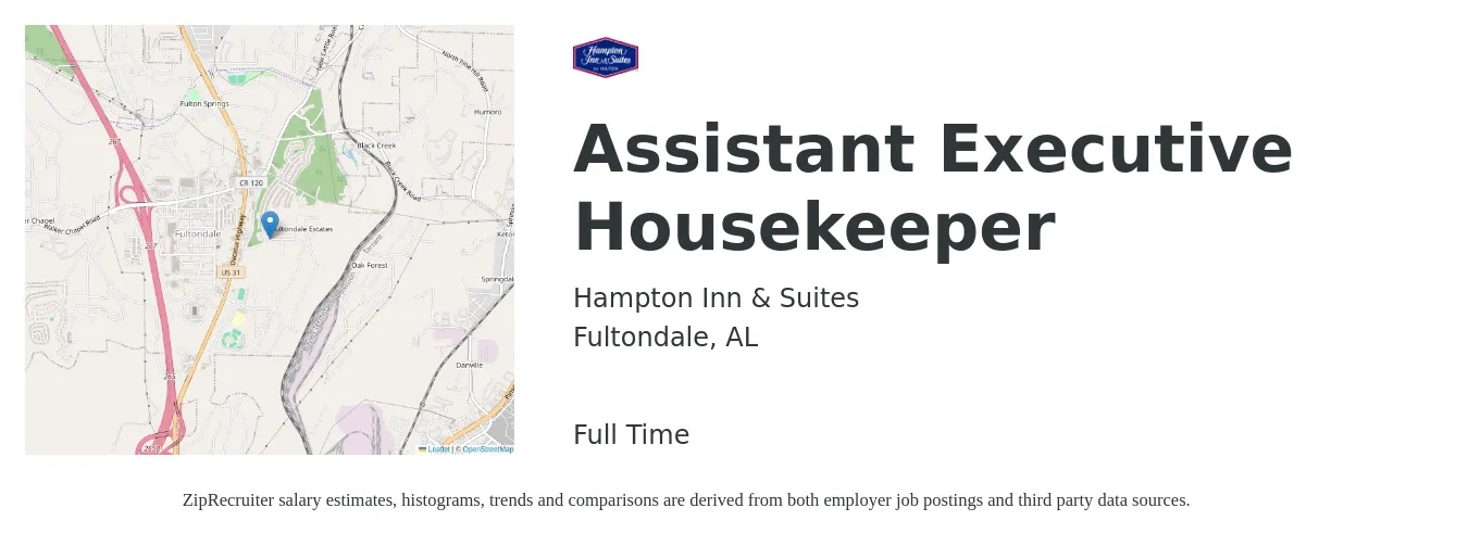 Hampton Inn & Suites job posting for a Assistant Executive Housekeeper in Fultondale, AL with a salary of $13 to $15 Hourly with a map of Fultondale location.