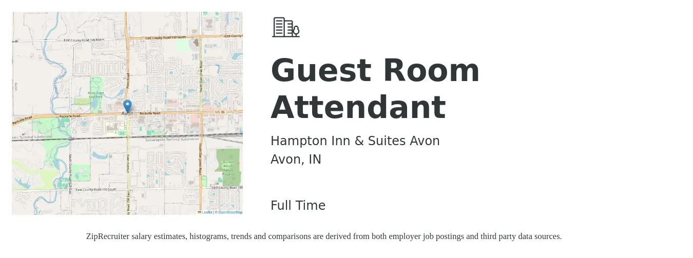 Hampton Inn & Suites Avon job posting for a Guest Room Attendant in Avon, IN with a salary of $14 to $17 Hourly with a map of Avon location.