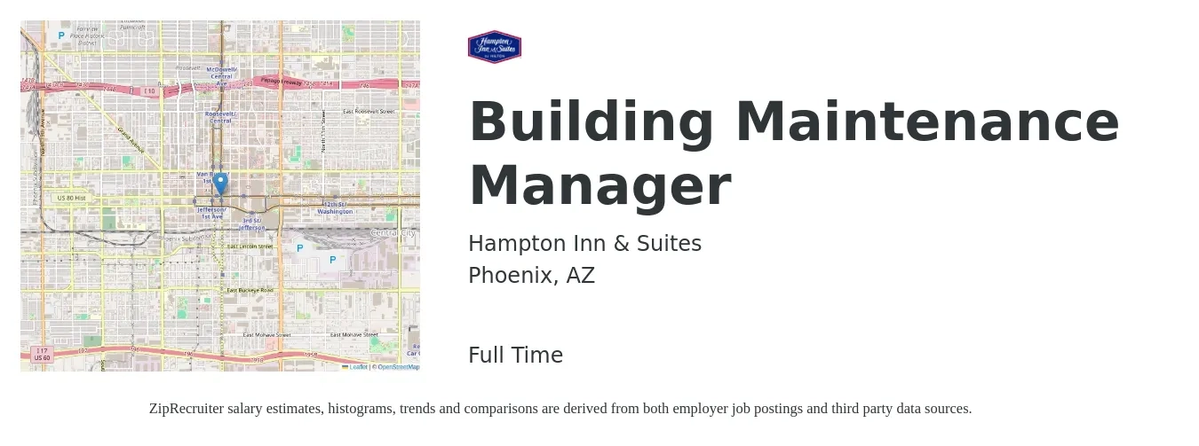 Hampton Inn & Suites job posting for a Building Maintenance Manager in Phoenix, AZ with a salary of $20 to $35 Hourly with a map of Phoenix location.
