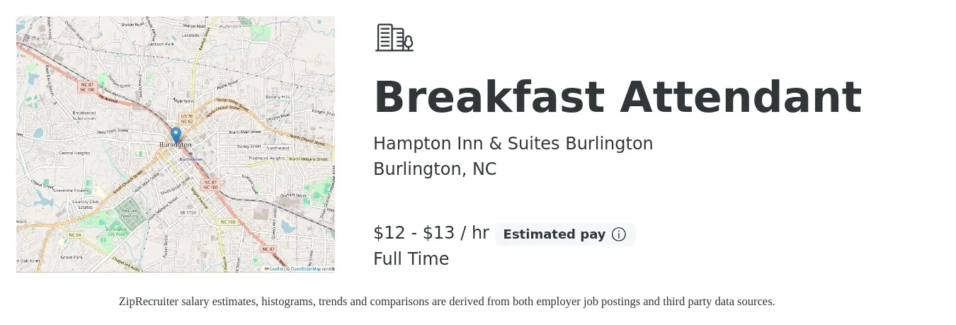 Hampton Inn & Suites Burlington job posting for a Breakfast Attendant in Burlington, NC with a salary of $13 to $14 Hourly with a map of Burlington location.