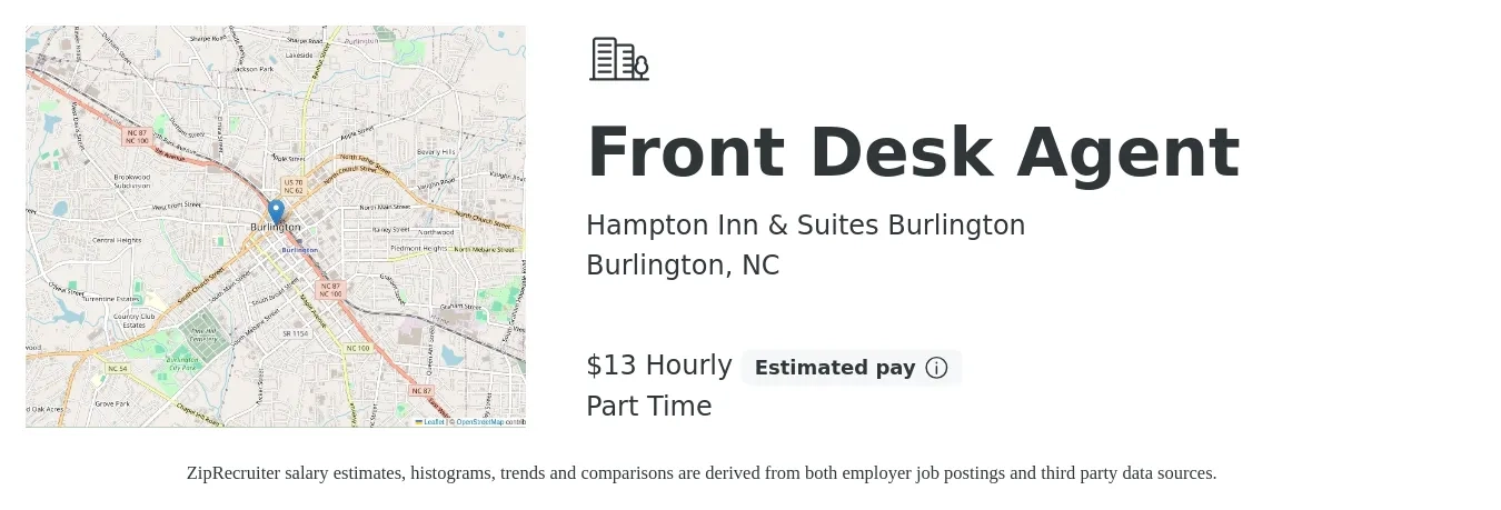 Hampton Inn & Suites Burlington job posting for a Front Desk Agent in Burlington, NC with a salary of $14 Hourly with a map of Burlington location.