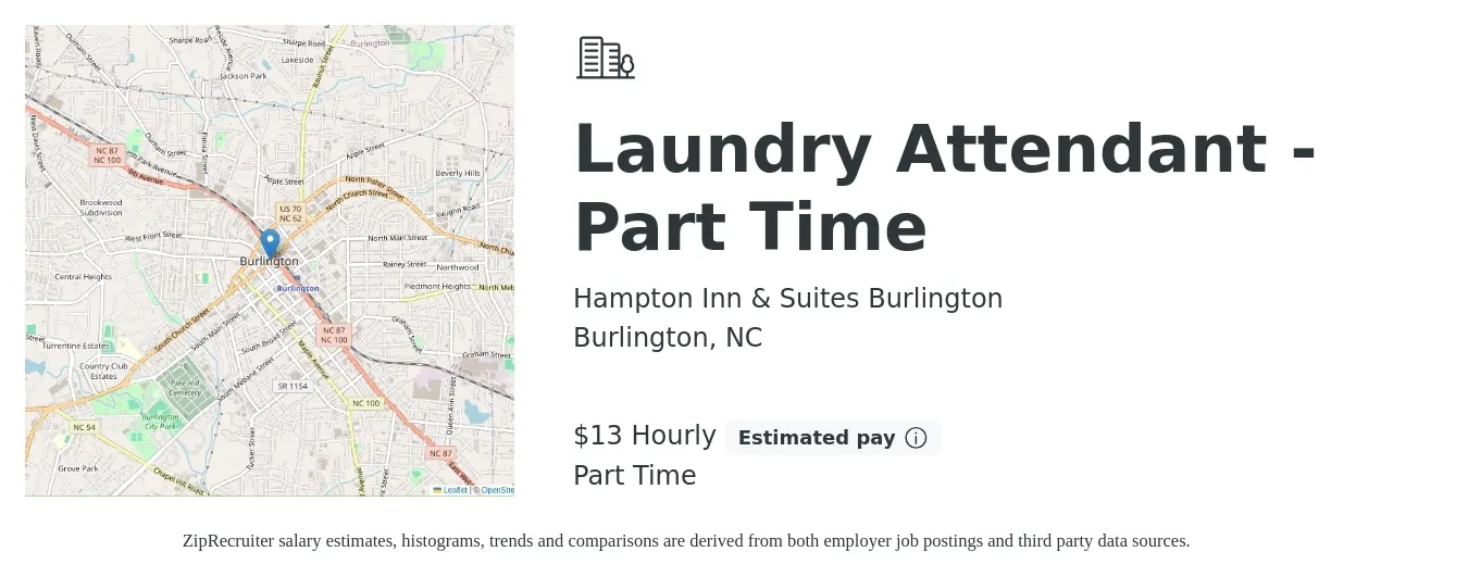 Hampton Inn & Suites Burlington job posting for a Laundry Attendant - Part Time in Burlington, NC with a salary of $14 Hourly with a map of Burlington location.