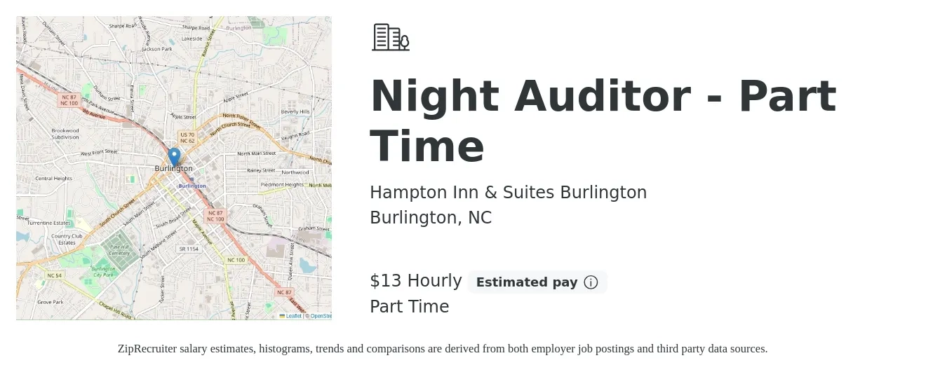 Hampton Inn & Suites Burlington job posting for a Night Auditor - Part Time in Burlington, NC with a salary of $14 Hourly with a map of Burlington location.