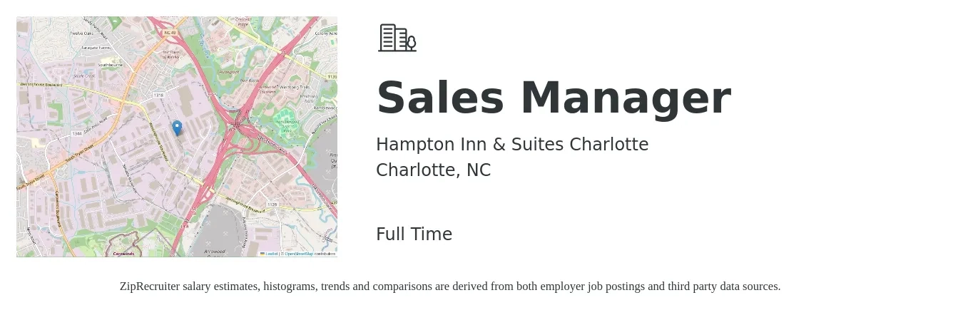 Hampton Inn & Suites Charlotte job posting for a Sales Manager in Charlotte, NC with a salary of $43,300 to $92,800 Yearly with a map of Charlotte location.