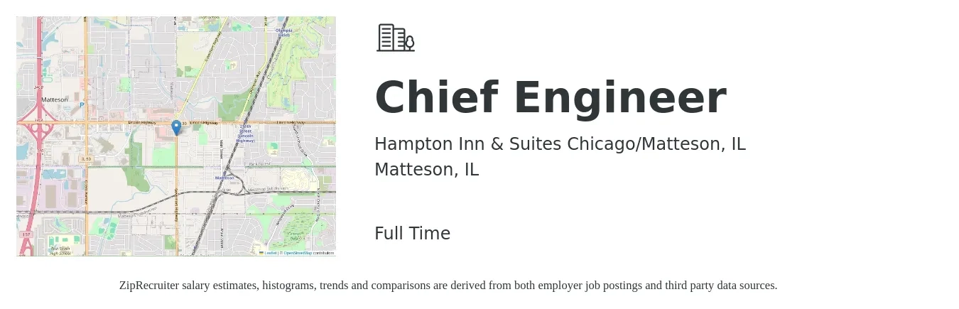 Hampton Inn & Suites Chicago/Matteson, IL job posting for a Chief Engineer in Matteson, IL with a salary of $58,300 to $118,700 Yearly with a map of Matteson location.
