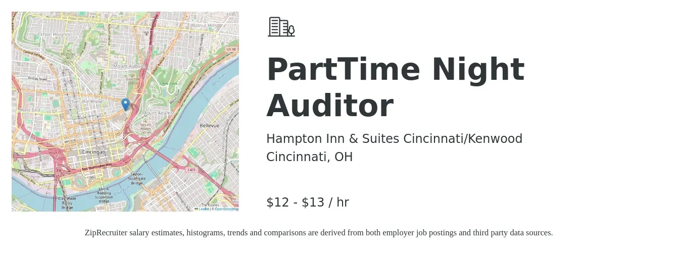 Hampton Inn & Suites Cincinnati/Kenwood job posting for a Part-Time Night Auditor in Cincinnati, OH with a salary of $14 to $14 Hourly with a map of Cincinnati location.