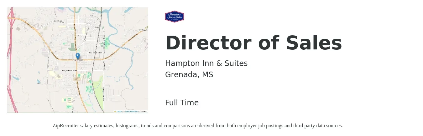 Hampton Inn & Suites job posting for a Director of Sales in Grenada, MS with a salary of $64,600 to $114,500 Yearly with a map of Grenada location.