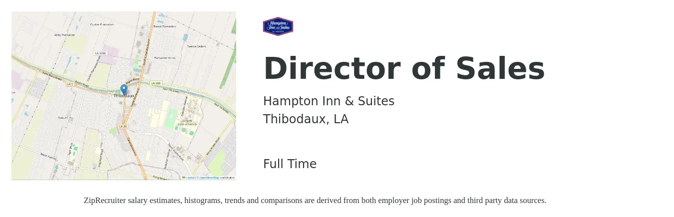 Hampton Inn & Suites job posting for a Director of Sales in Thibodaux, LA with a salary of $57,600 to $102,100 Yearly with a map of Thibodaux location.