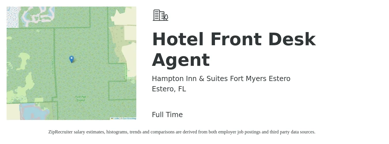 Hampton Inn & Suites Fort Myers Estero job posting for a Hotel Front Desk Agent in Estero, FL with a salary of $14 to $17 Hourly with a map of Estero location.