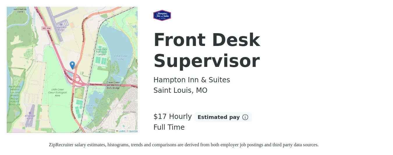 Hampton Inn & Suites job posting for a Front Desk Supervisor in Saint Louis, MO with a salary of $18 Hourly with a map of Saint Louis location.
