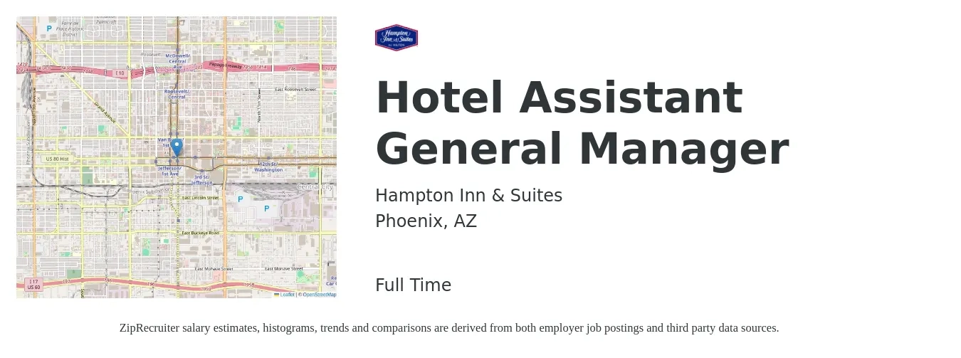 Hampton Inn & Suites job posting for a Hotel Assistant General Manager in Phoenix, AZ with a salary of $39,200 to $64,500 Yearly with a map of Phoenix location.
