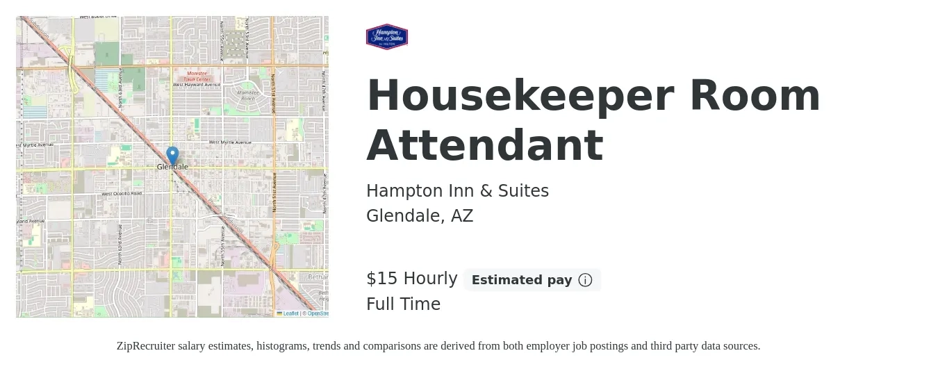 Hampton Inn & Suites job posting for a Housekeeper Room Attendant in Glendale, AZ with a salary of $16 Hourly with a map of Glendale location.