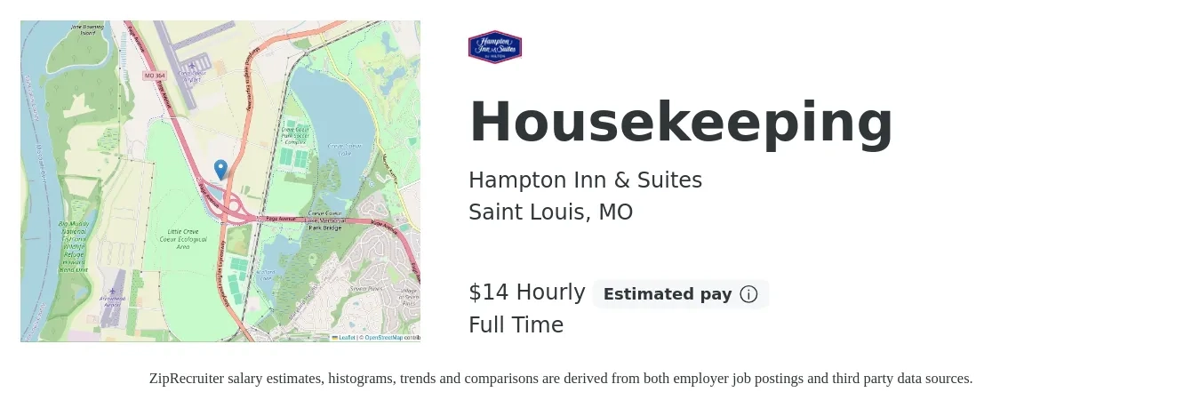 Hampton Inn & Suites job posting for a Housekeeping in Saint Louis, MO with a salary of $15 Hourly with a map of Saint Louis location.