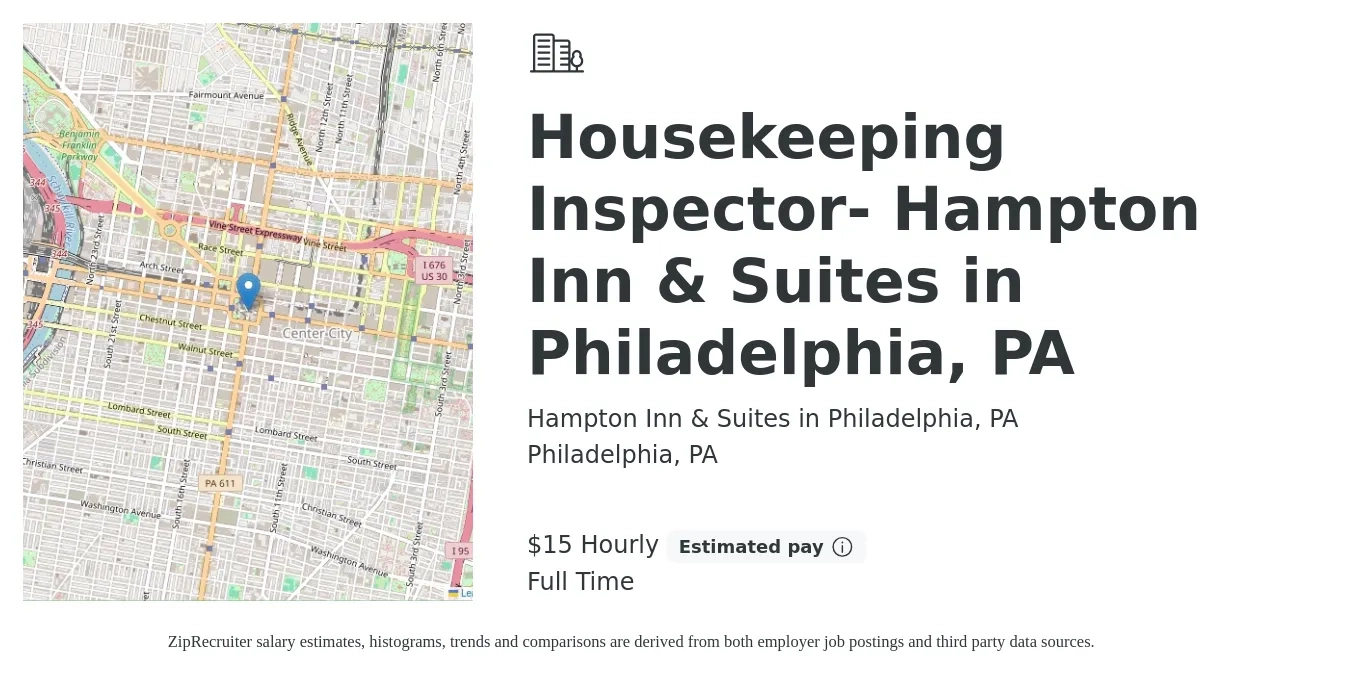 Hampton Inn & Suites in Philadelphia, PA job posting for a Housekeeping Inspector- Hampton Inn & Suites in Philadelphia, PA in Philadelphia, PA with a salary of $16 Hourly with a map of Philadelphia location.