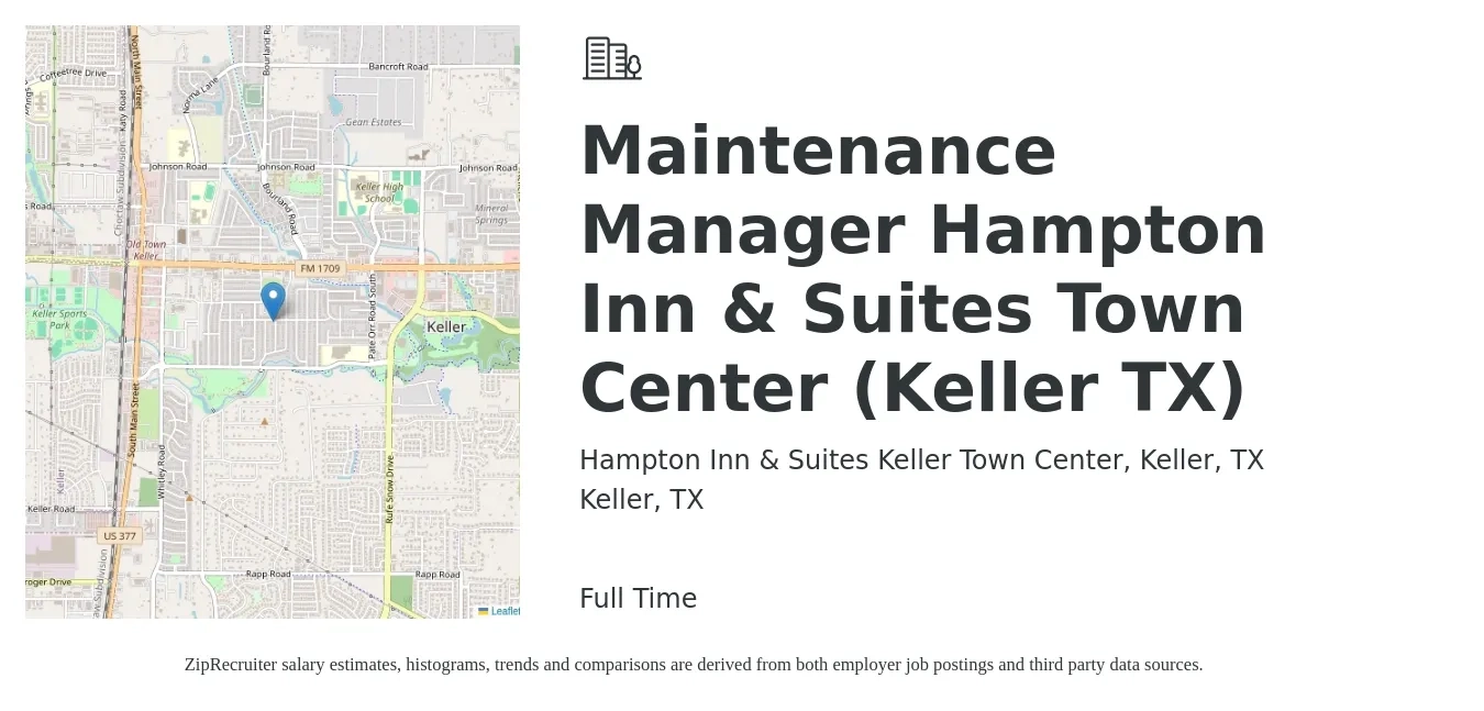 Hampton Inn & Suites Keller Town Center, Keller, TX job posting for a Maintenance Manager Hampton Inn & Suites Town Center (Keller TX) in Keller, TX with a salary of $22 to $36 Hourly with a map of Keller location.