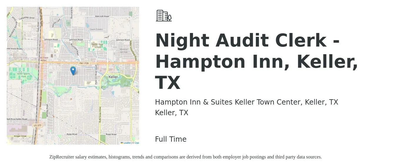 Hampton Inn & Suites Keller Town Center, Keller, TX job posting for a Night Audit Clerk - Hampton Inn, Keller, TX in Keller, TX with a salary of $14 to $18 Hourly with a map of Keller location.