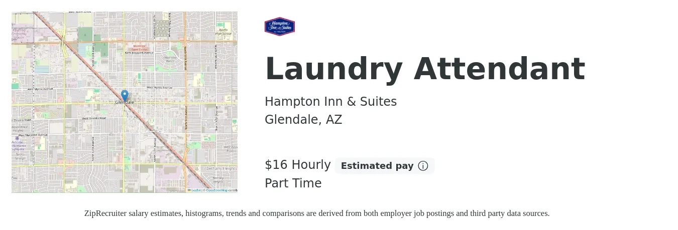 Hampton Inn & Suites job posting for a Laundry Attendant in Glendale, AZ with a salary of $17 Hourly with a map of Glendale location.