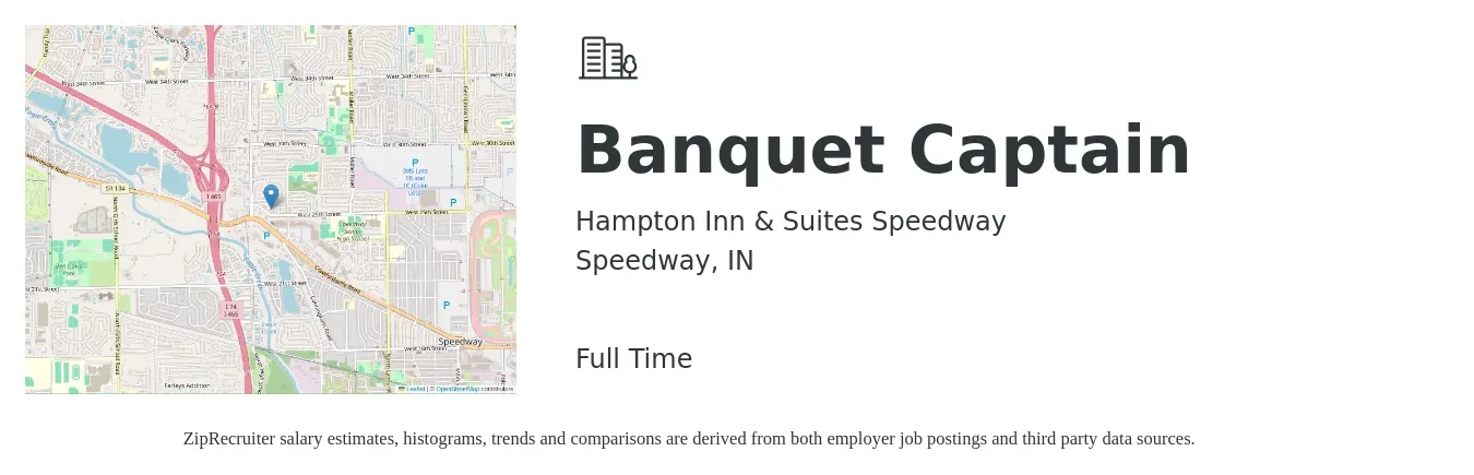 Hampton Inn & Suites Speedway job posting for a Banquet Captain in Speedway, IN with a salary of $16 to $22 Hourly with a map of Speedway location.