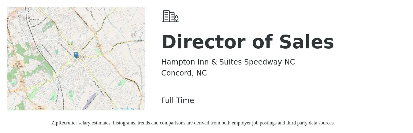 Hampton Inn & Suites Speedway NC job posting for a Director of Sales in Concord, NC with a salary of $65,700 to $116,400 Yearly with a map of Concord location.