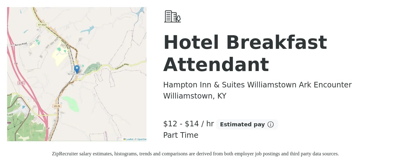 Hampton Inn & Suites Williamstown Ark Encounter job posting for a Hotel Breakfast Attendant in Williamstown, KY with a salary of $13 to $15 Hourly with a map of Williamstown location.