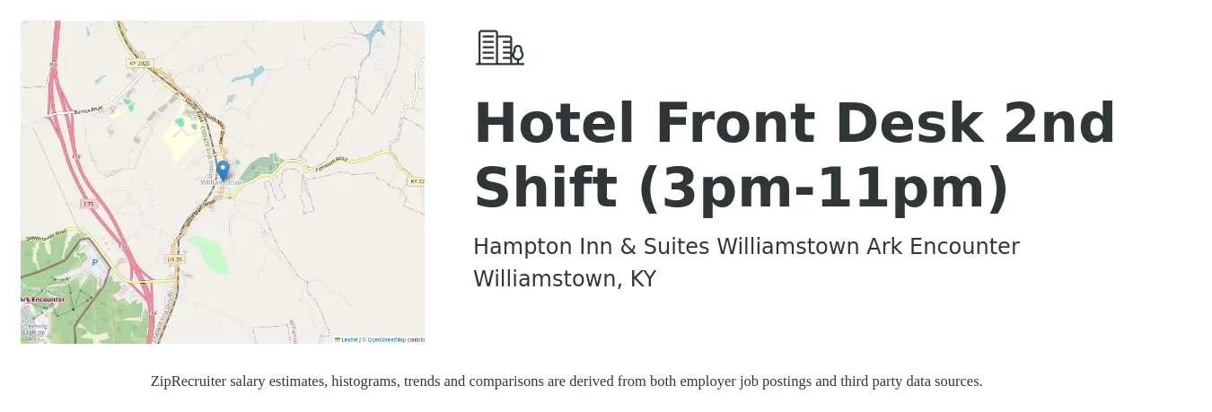 Hampton Inn & Suites Williamstown Ark Encounter job posting for a Hotel Front Desk 2nd Shift (3pm-11pm) in Williamstown, KY with a salary of $13 to $16 Hourly with a map of Williamstown location.