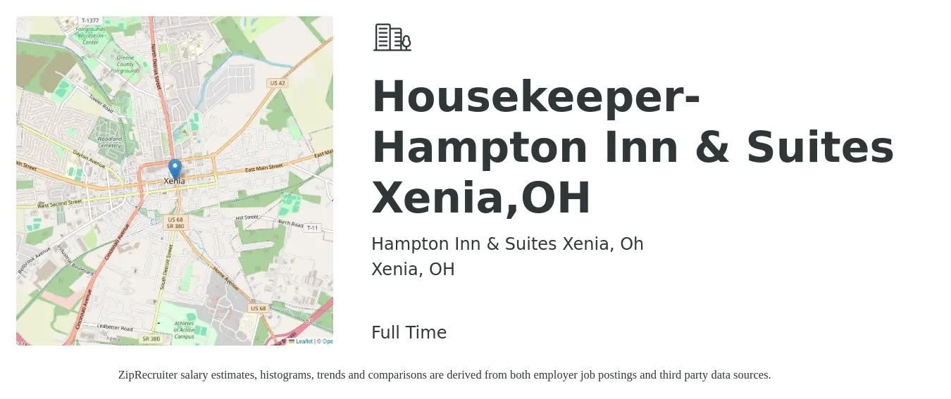 Hampton Inn & Suites Xenia, Oh job posting for a Housekeeper-Hampton Inn & Suites Xenia,OH in Xenia, OH with a salary of $12 to $14 Hourly with a map of Xenia location.