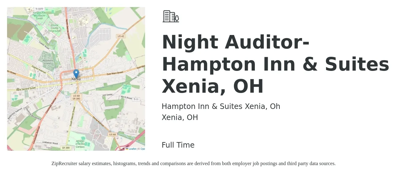 Hampton Inn & Suites Xenia, Oh job posting for a Night Auditor-Hampton Inn & Suites Xenia, OH in Xenia, OH with a salary of $13 to $18 Hourly with a map of Xenia location.