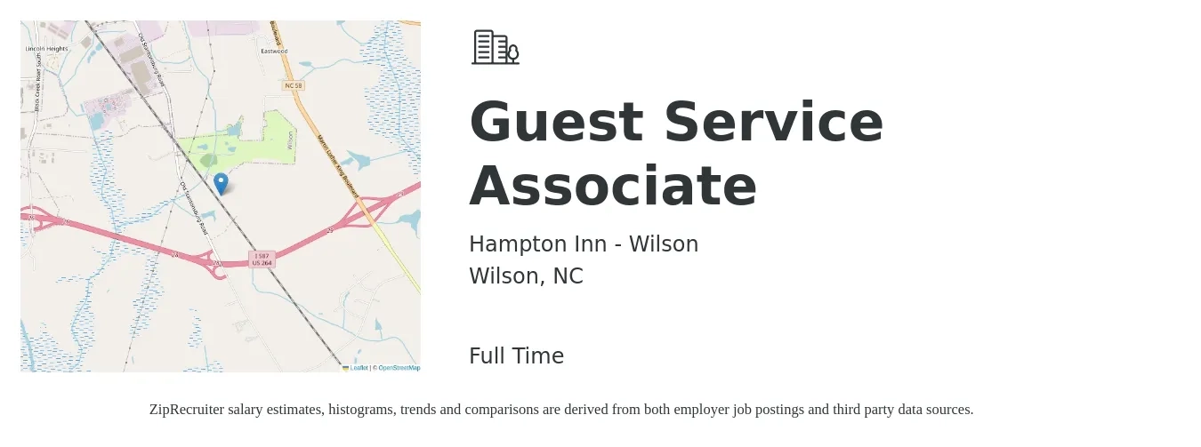 Hampton Inn Wilson job posting for a Guest Service Associate in Wilson, NC with a salary of $14 to $17 Hourly with a map of Wilson location.