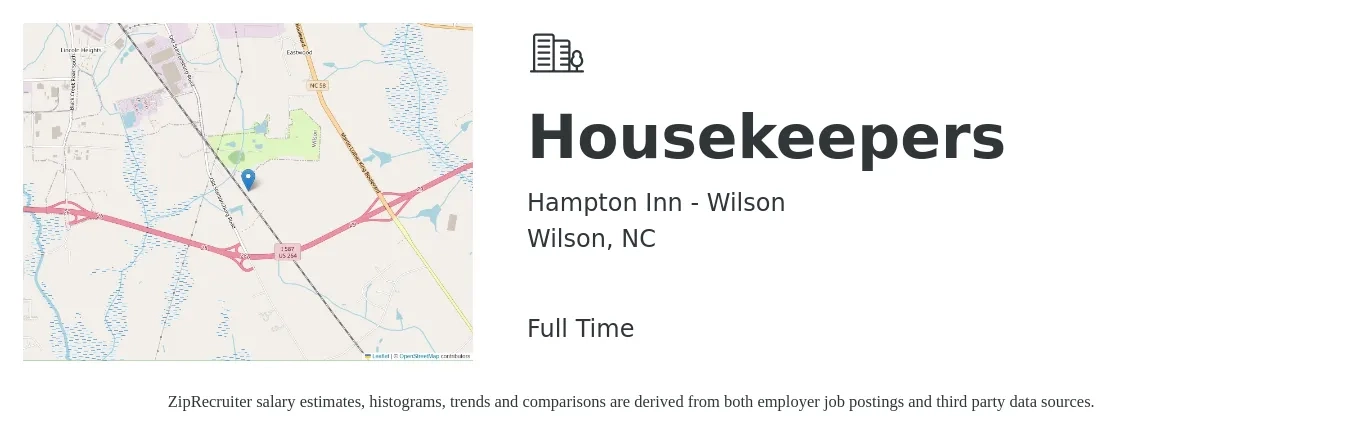 Hampton Inn Wilson job posting for a Housekeepers in Wilson, NC with a salary of $13 to $17 Hourly with a map of Wilson location.
