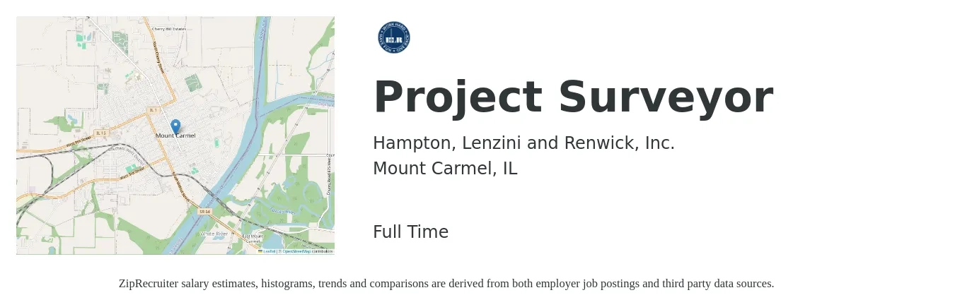 Hampton, Lenzini and Renwick, Inc. job posting for a Project Surveyor in Mount Carmel, IL with a salary of $47,300 to $82,500 Yearly with a map of Mount Carmel location.