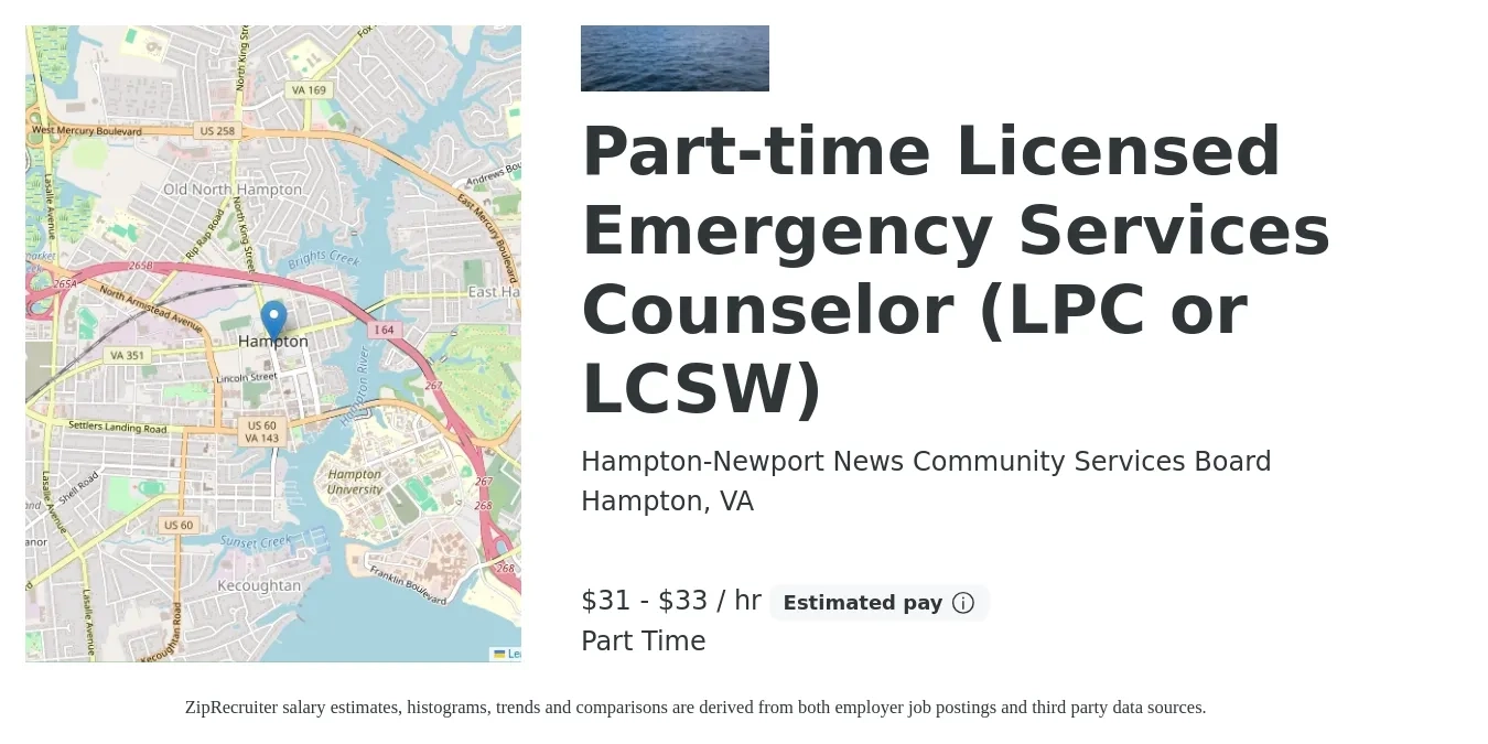 Hampton-Newport News Community Services Board job posting for a Part-time Licensed Emergency Services Counselor (LPC or LCSW) in Hampton, VA with a salary of $32 to $35 Hourly with a map of Hampton location.