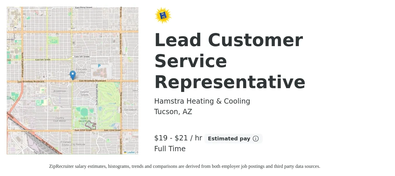 Hamstra Heating & Cooling job posting for a Lead Customer Service Representative in Tucson, AZ with a salary of $20 to $22 Hourly with a map of Tucson location.