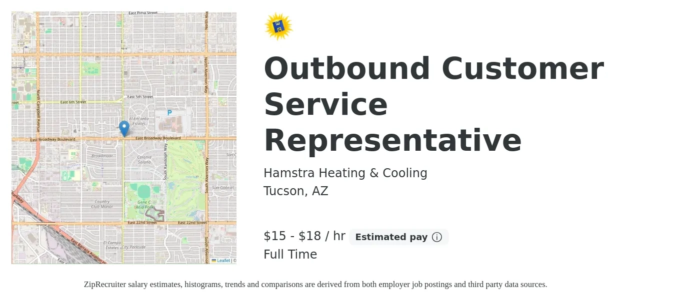 Hamstra Heating & Cooling job posting for a Outbound Customer Service Representative in Tucson, AZ with a salary of $16 to $19 Hourly with a map of Tucson location.