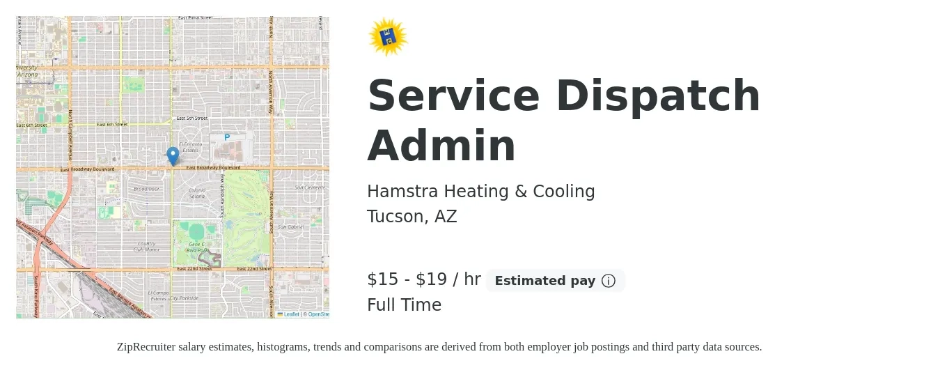 Hamstra Heating & Cooling job posting for a Service Dispatch Admin in Tucson, AZ with a salary of $16 to $20 Hourly with a map of Tucson location.
