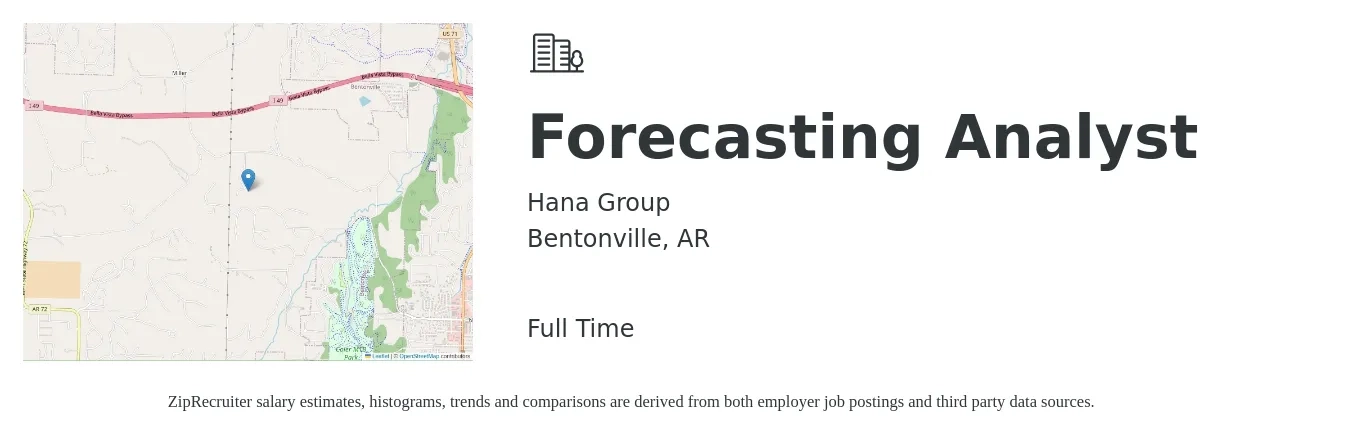 Hana Group job posting for a Forecasting Analyst in Bentonville, AR with a salary of $66,600 to $113,500 Yearly with a map of Bentonville location.