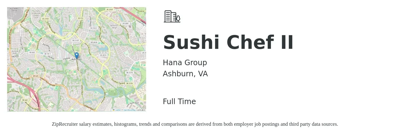 Hana Group job posting for a Sushi Chef II in Ashburn, VA with a salary of $18 to $29 Hourly with a map of Ashburn location.