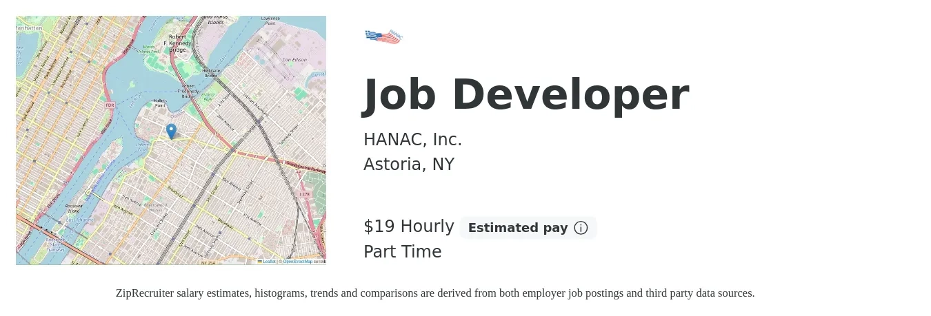 HANAC, Inc. job posting for a Job Developer in Astoria, NY with a salary of $20 Hourly with a map of Astoria location.